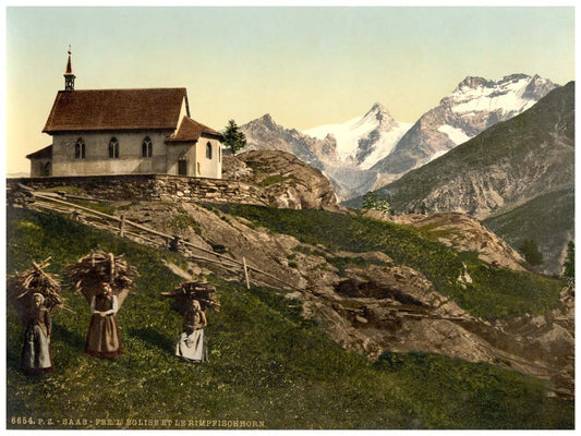 Saas Fee, church and Rimpfischhorn, Valais, Alps of, Switzerland 0400-4526