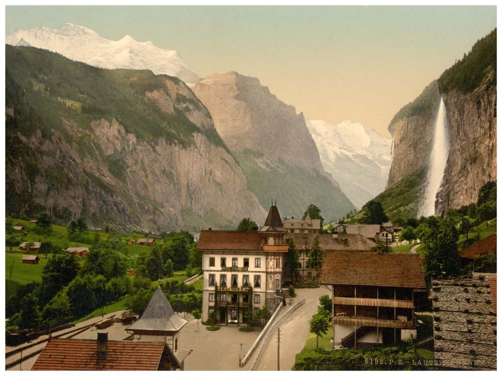 Lauterbrunnen Valley with Staubbach and Hotel Steinbock, Bernse Oberland, Switzerland 0400-4879