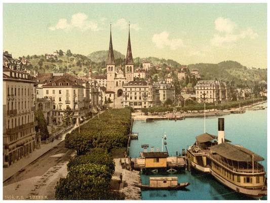 The quay, Hotels Schweizerhof and National and Cathedral from the Swan Hotel, Lucerne, Switzerland 0400-4981