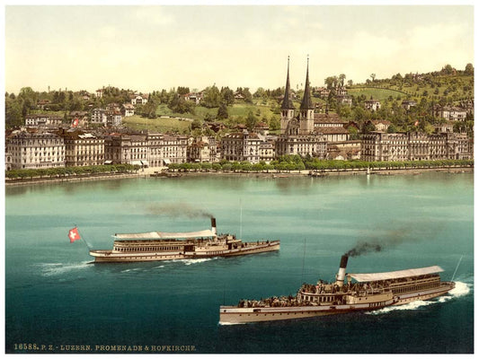 Promenade and cathedral, with two small steamers, Lucerne, Switzerland 0400-4983