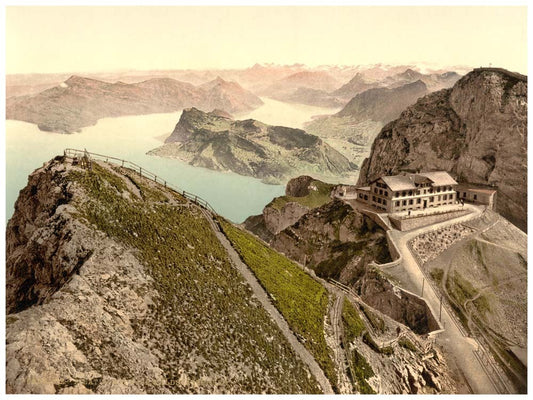 Railway, from Oberhaupt, towards Lake of Four Cantons, with Old Hotel and Esel, Pilatus, Switzerland 0400-5058