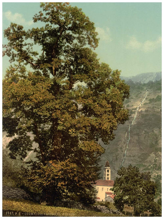 Giornico, church and waterfall, St. Gotthard Railway, Switzerland 0400-5089