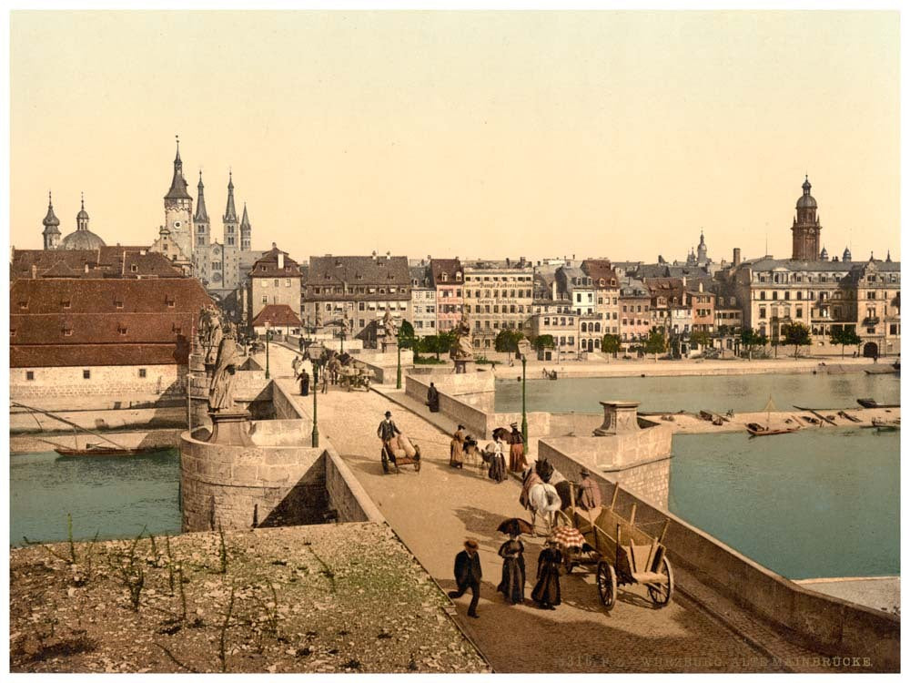 Old Main Bridge over Main River and town, Wurzburg, Bavaria, Germany 0400-2655