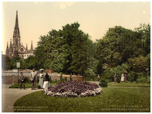 Steinbach Square and protestant church, Mulhausen, Alsace Lorraine, Germany 0400-2875