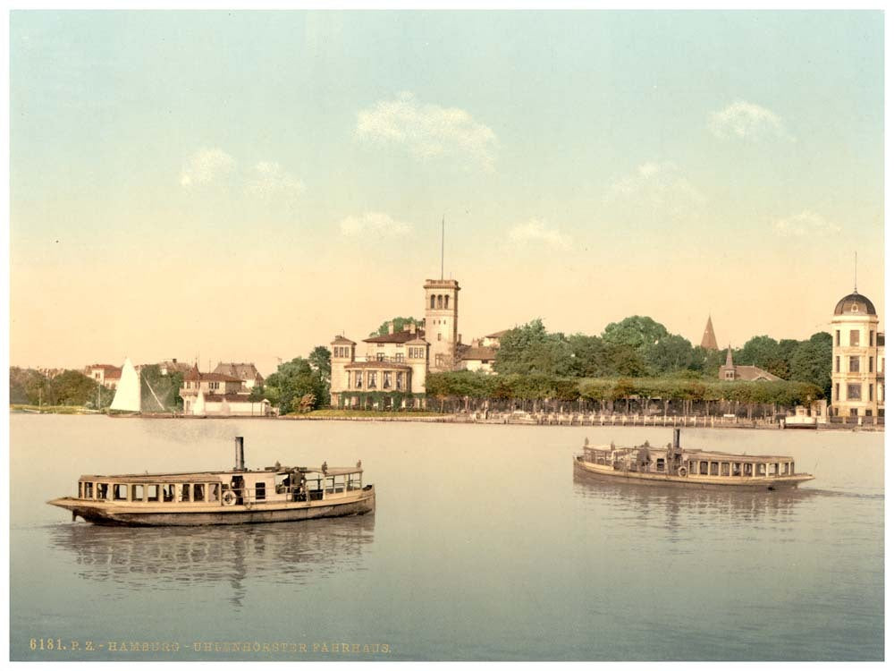 Boats at Uhlenhouster Ferry, Hamburg, Germany 0400-4190