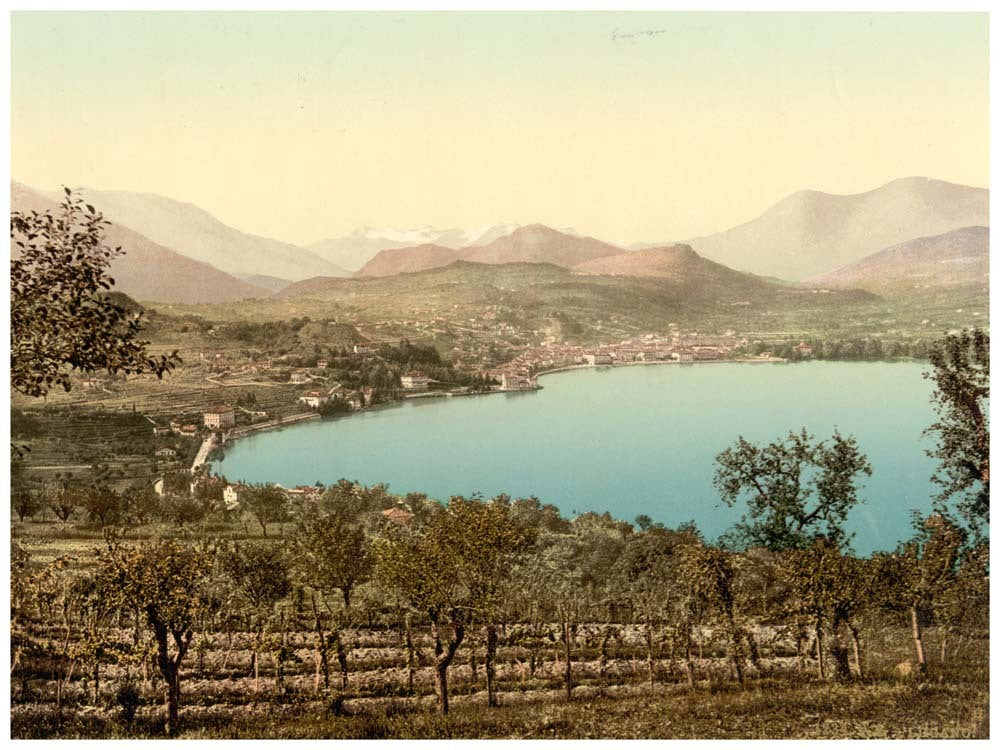 Lake of Lugano, view of the lake, the town, and the Alps, taken from Paradiso, Tessin, Switzerland 0400-4755