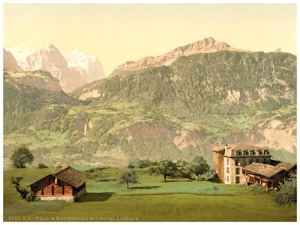 Well and Wetterhorn, with Hotel Alpbach, Bernese Oberland, Switzerland 0400-4932