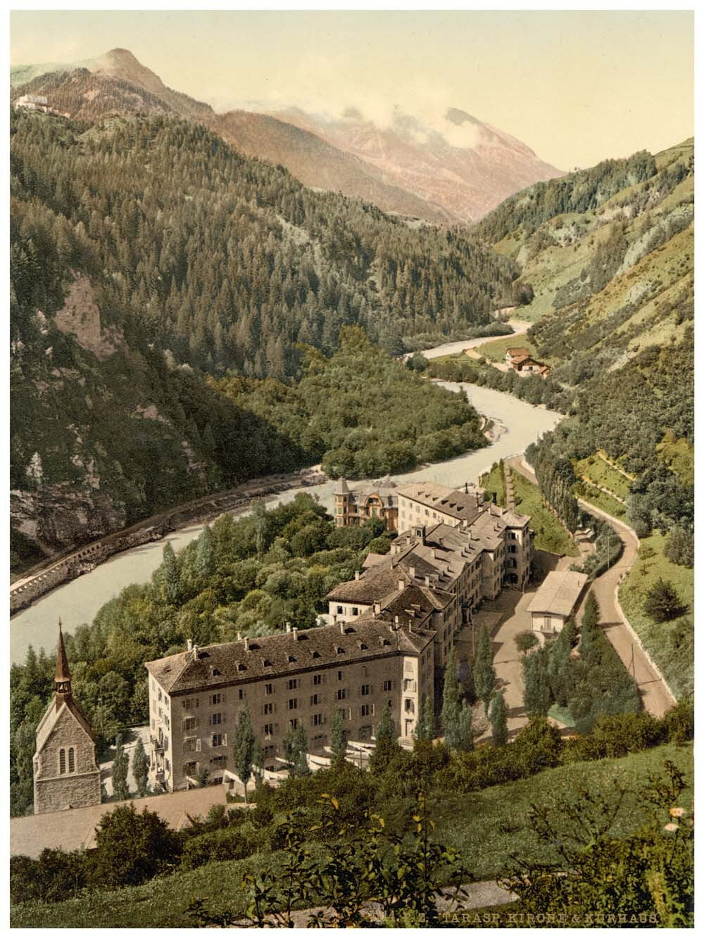 Lower Engadine, Tarasp, Kurhaus and church, Grisons, Switzerland 0400-4964