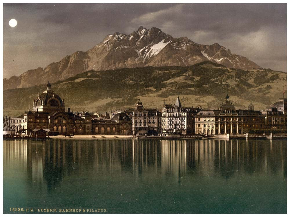 Railway station and Pilatus by moonlight, Lucerne, Switzerland 0400-4978