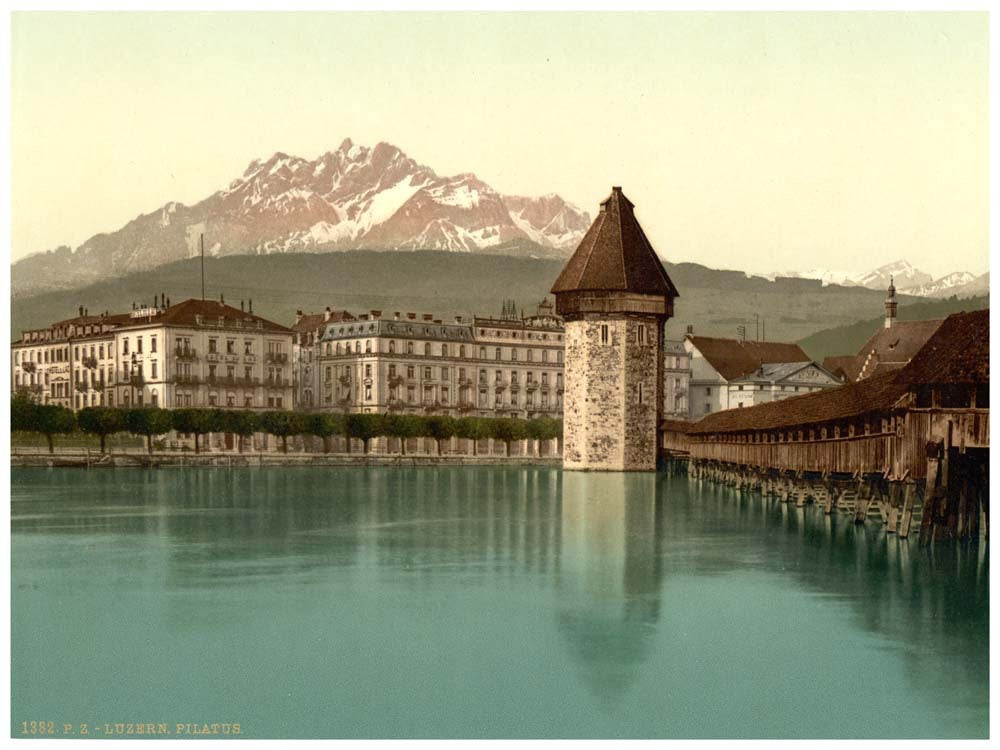 Chapel Bridge and view of Pilatus, Lucerne, Switzerland 0400-4979