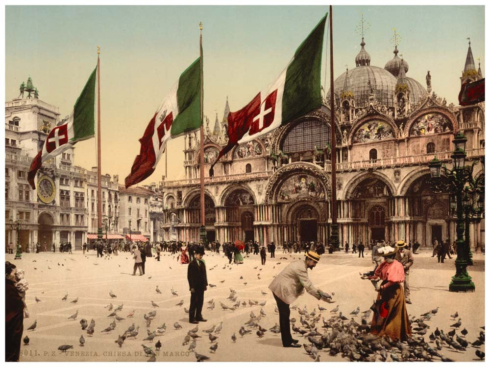 Feeding Pigeons in St. Mark's Place, Venice, Italy 0400-5564